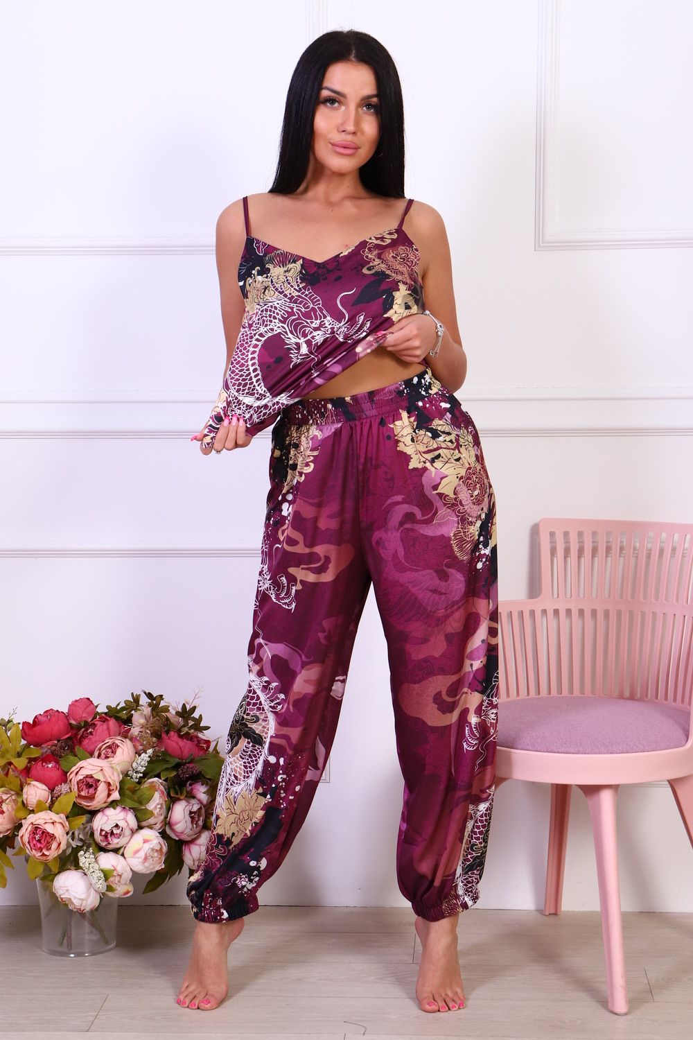 Пижама Hot Story Golden Dragon (майка + брюки) - бордо