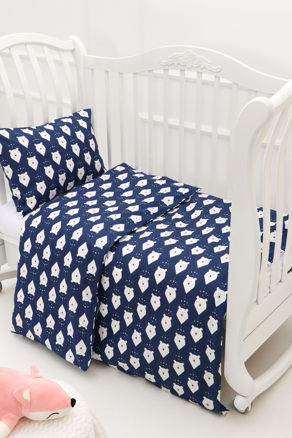 КПБ с простыней на резинке арт. КПБ-ПР/белый-мишка-синий