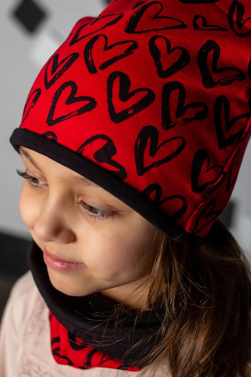 Комплект Сердца-красный (шапка+снуд) детский - красный