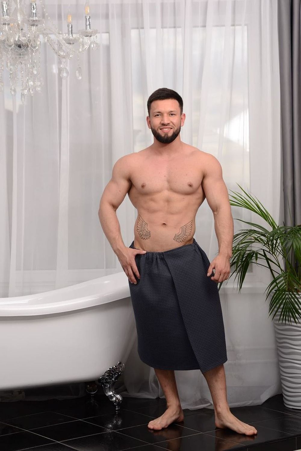 Полотенце для бани и сауны вафельное мужское  на липучке - мокрый асфальт