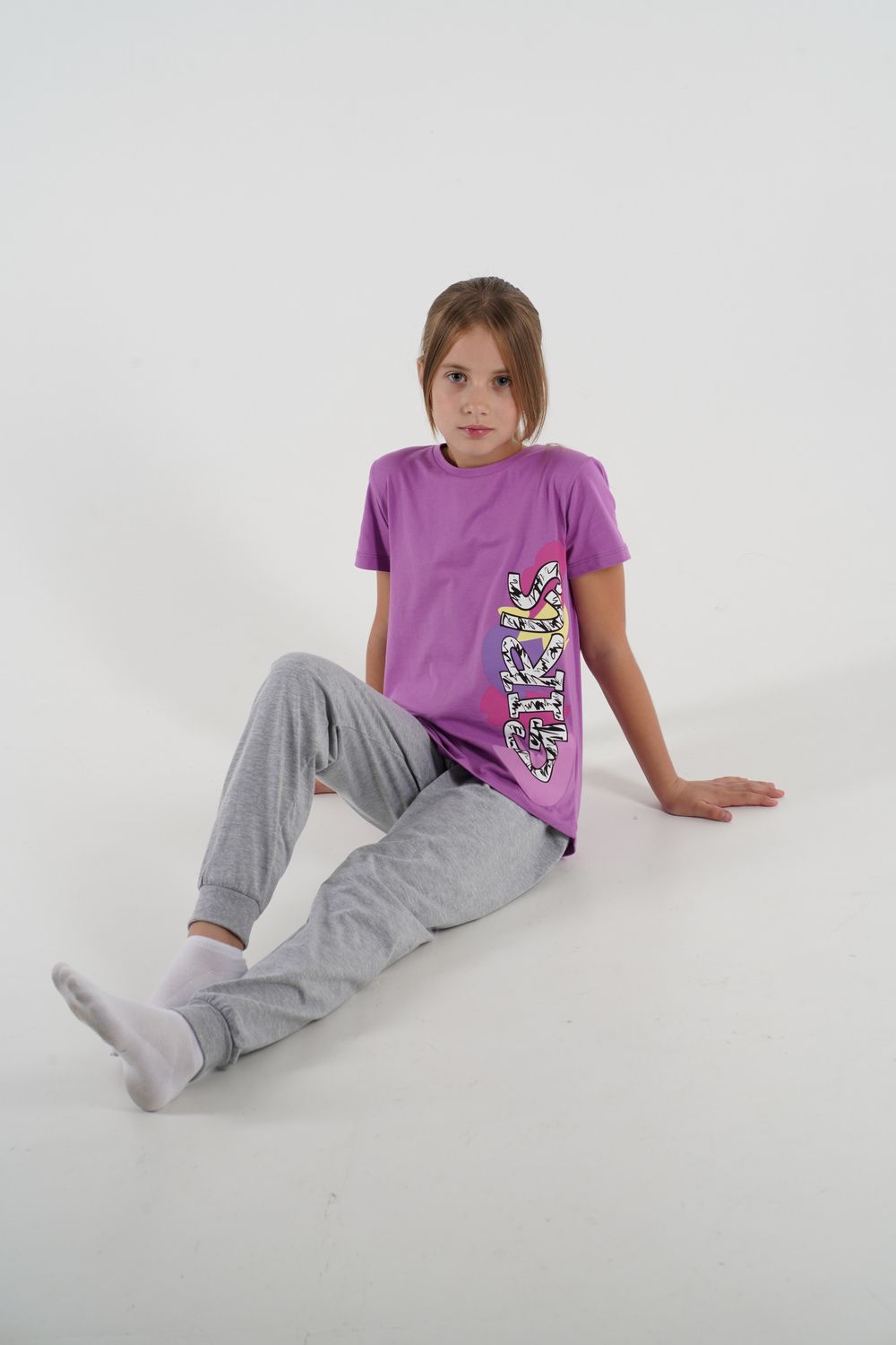 Пижама для девочки 91196 - лиловый/серый меланж