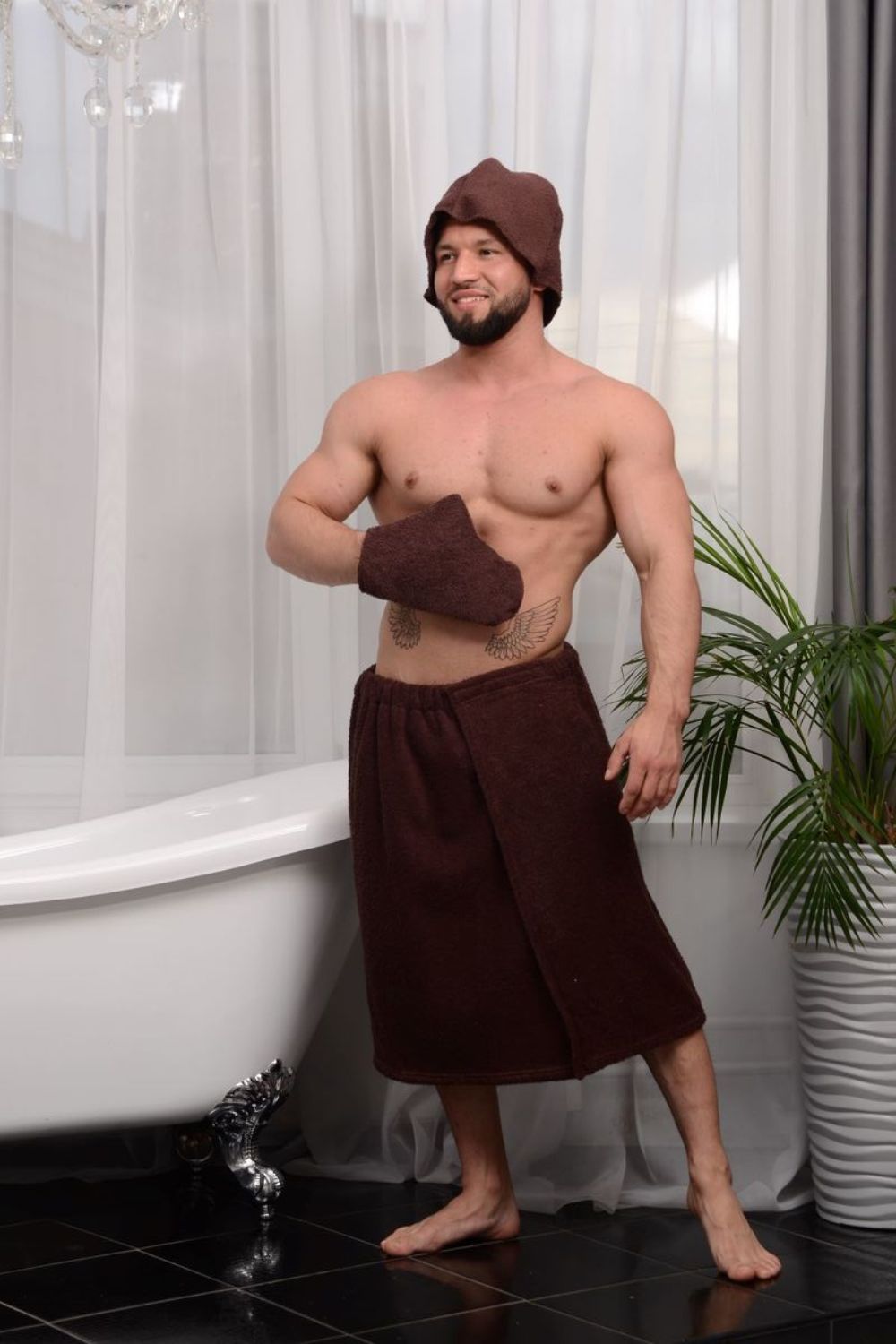 Полотенце САУНА махровое мужское подарочная упаковка - коричневый