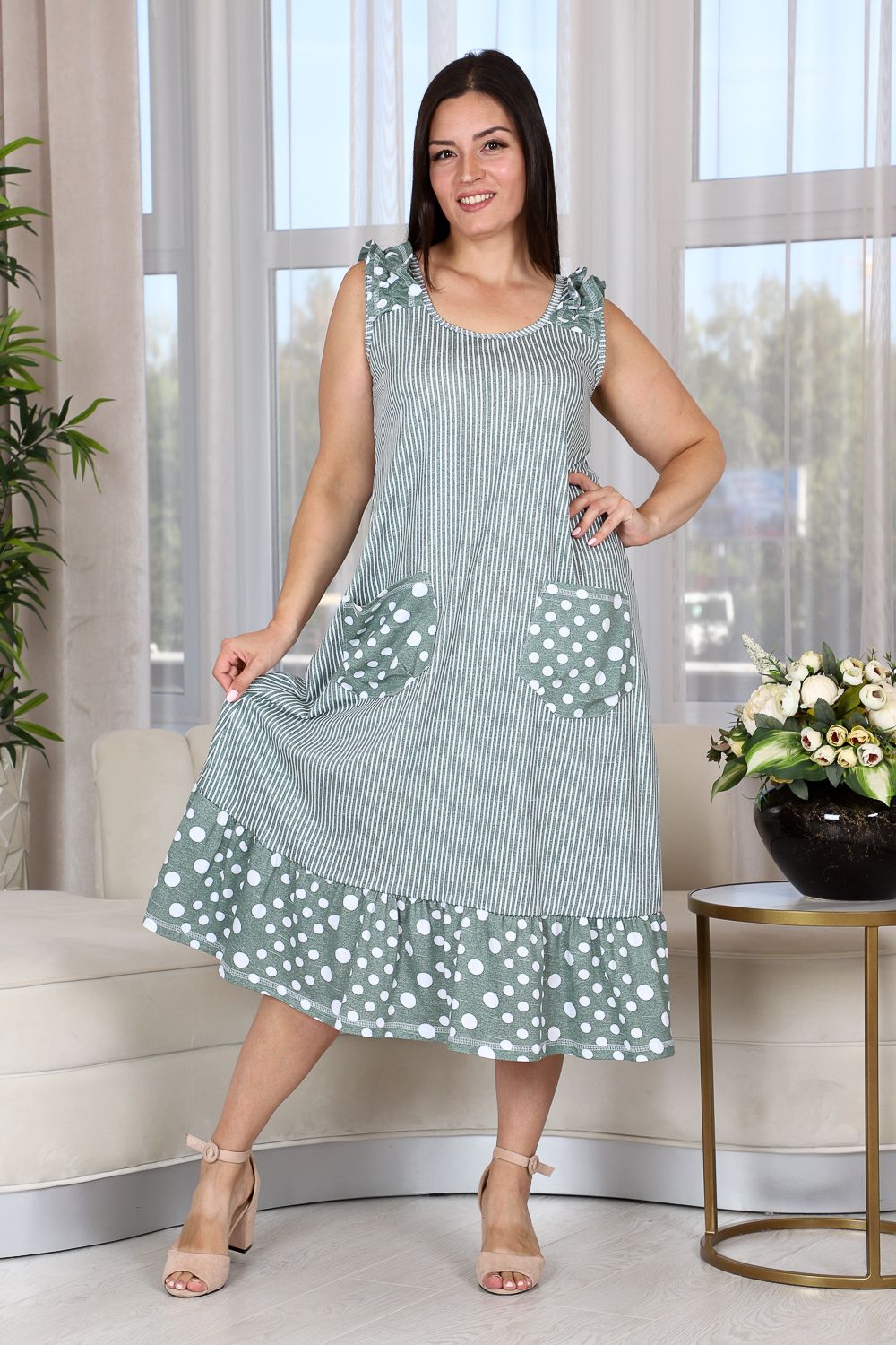 Сарафан 9149 - полоса горох хаки