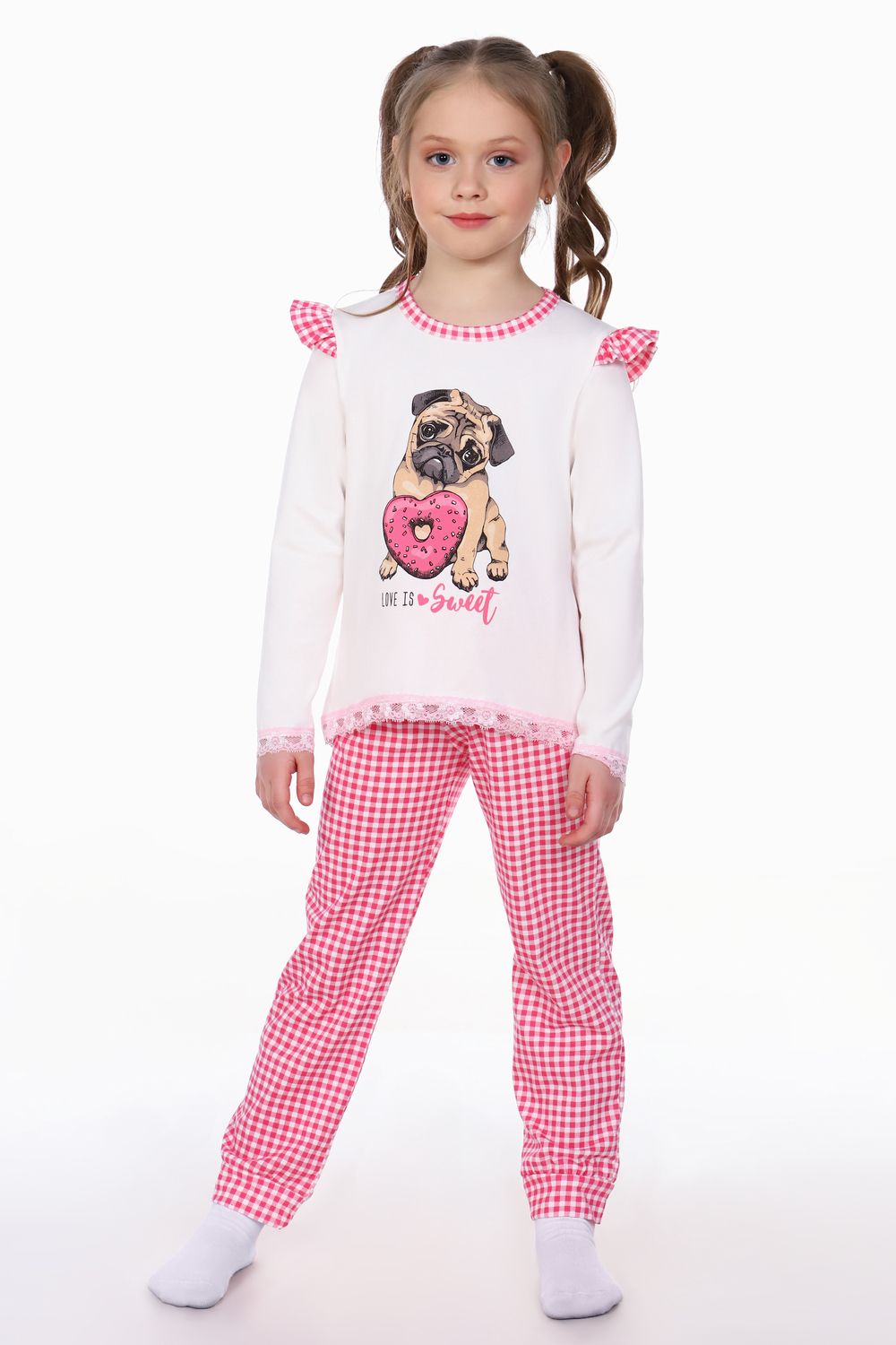Пижама для девочки Мопс арт. ПД-016-032 - крем/розовая клетка