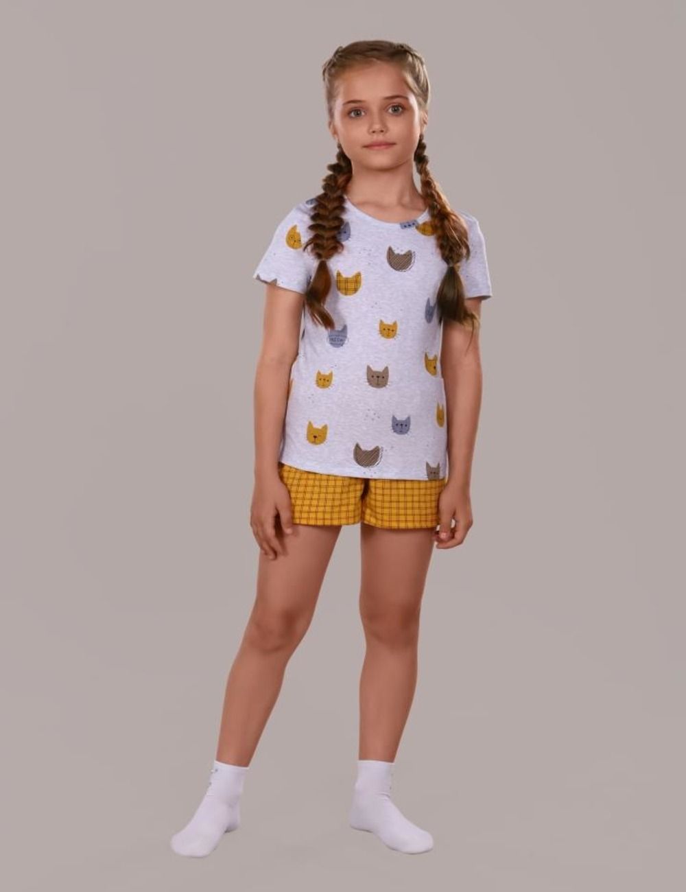 Пижама для девочки Кошки арт.ПД-009-024 - серый меланж/горчичный