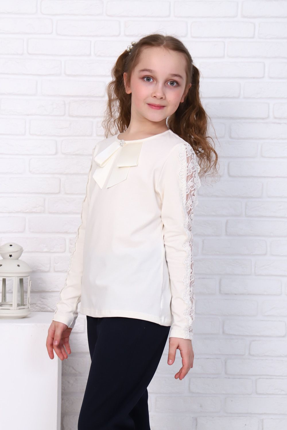Фрида длинный рукав блузка детская - экрю-бабочки