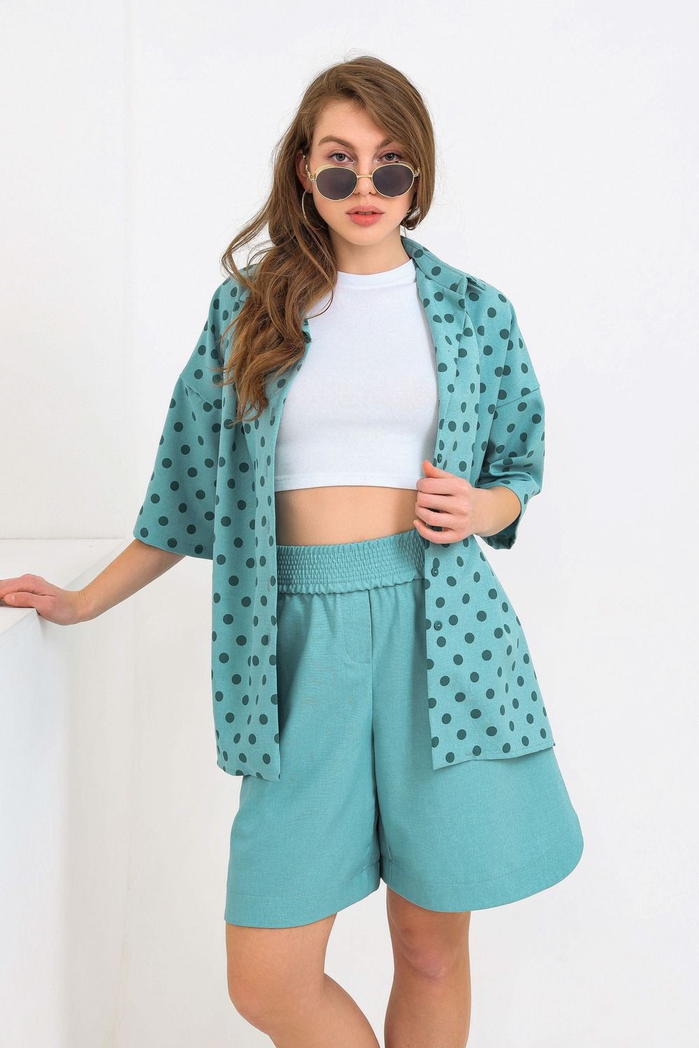 Костюм Лен рубашка + шорты 1252 - горох крупный зеленый