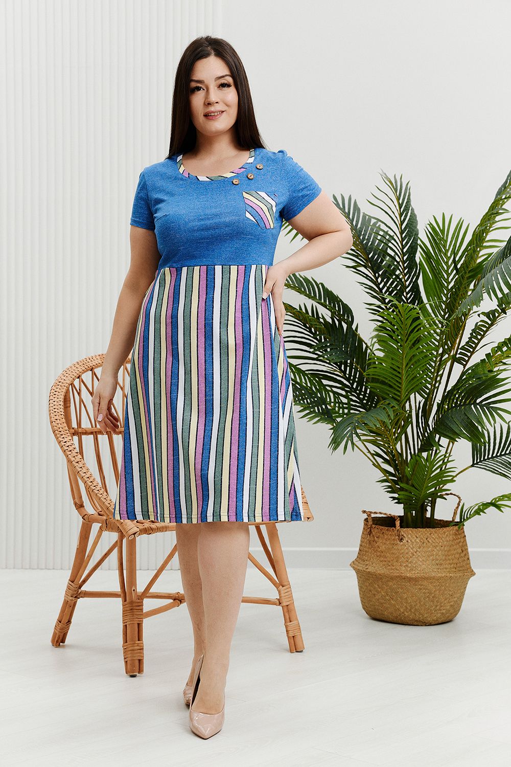 Платье 7381 - синий+цветная полоса