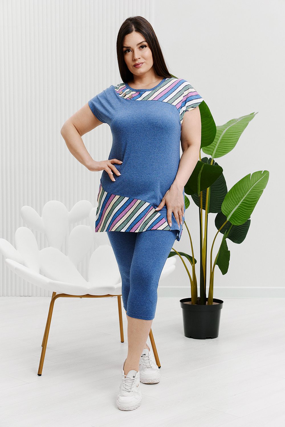 Туника 7378 - индиго+цветная полоса