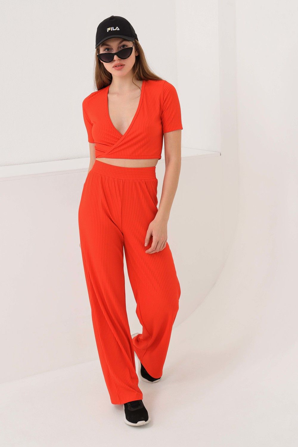 Костюм лапша палаццо + топ на завязках  короткий рукав 1254 - оранжевый