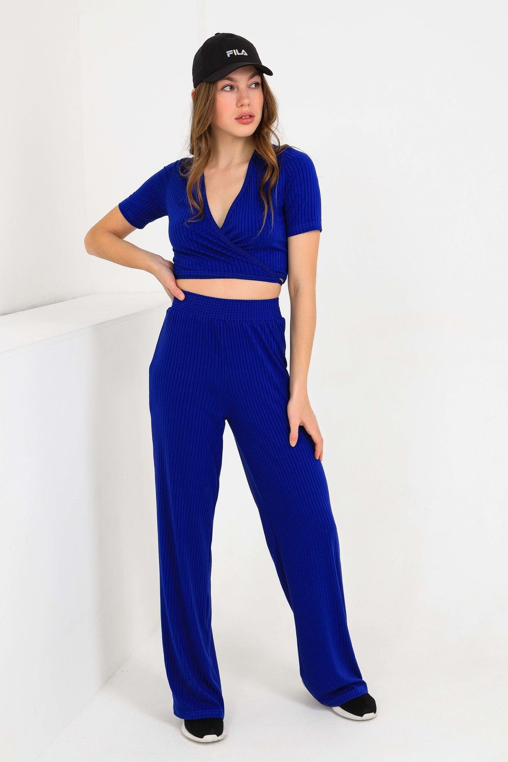 Костюм лапша палаццо + топ на завязках  короткий рукав 1254 - василек