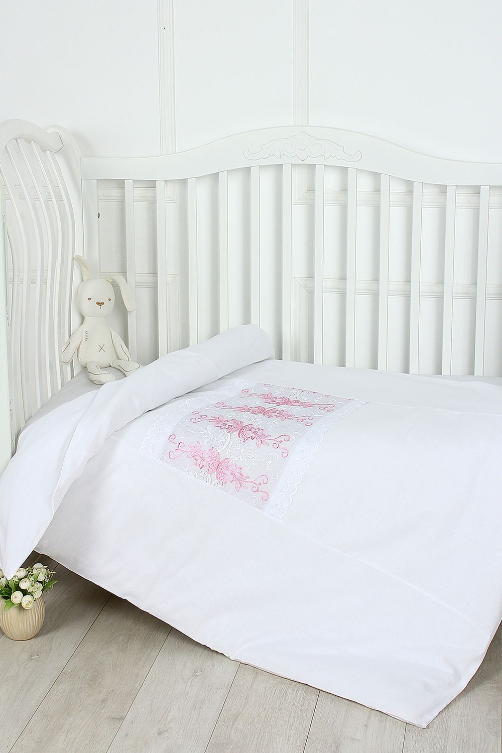 Пододеяльник белый с шитьем на выписку ПОД-ВЫШ - розовый