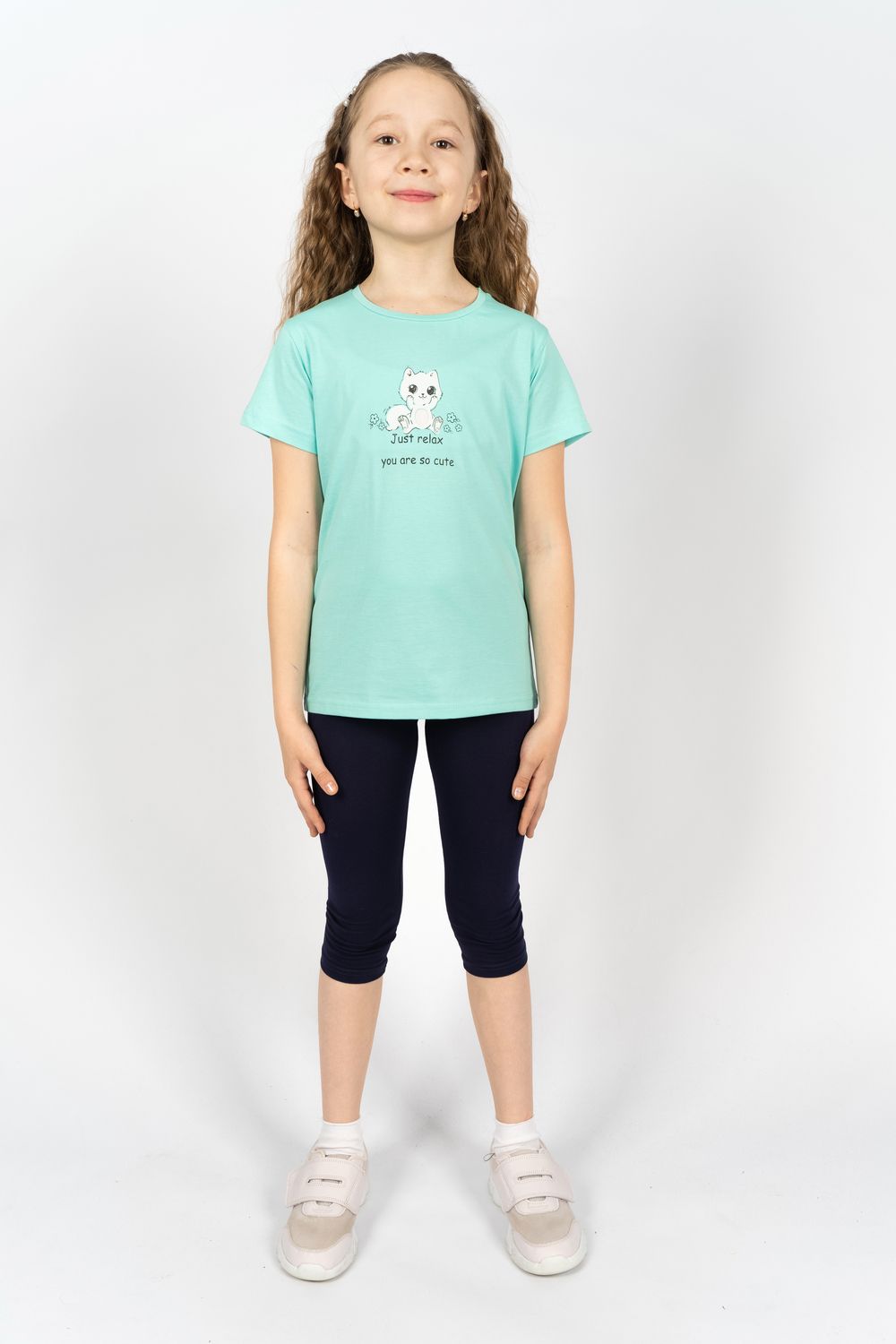 Комплект для девочки 41108 (футболка + бриджи) - мятный/т.синий