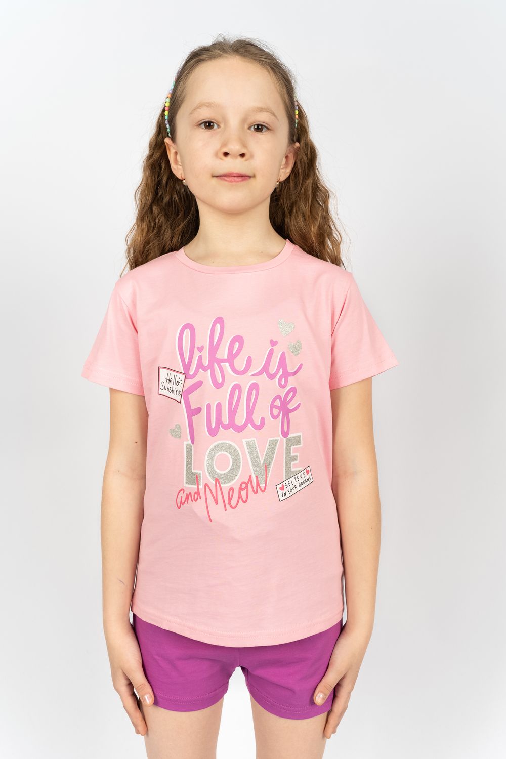 Комплект для девочки 41107 (футболка+ шорты) - с.розовый/лиловый