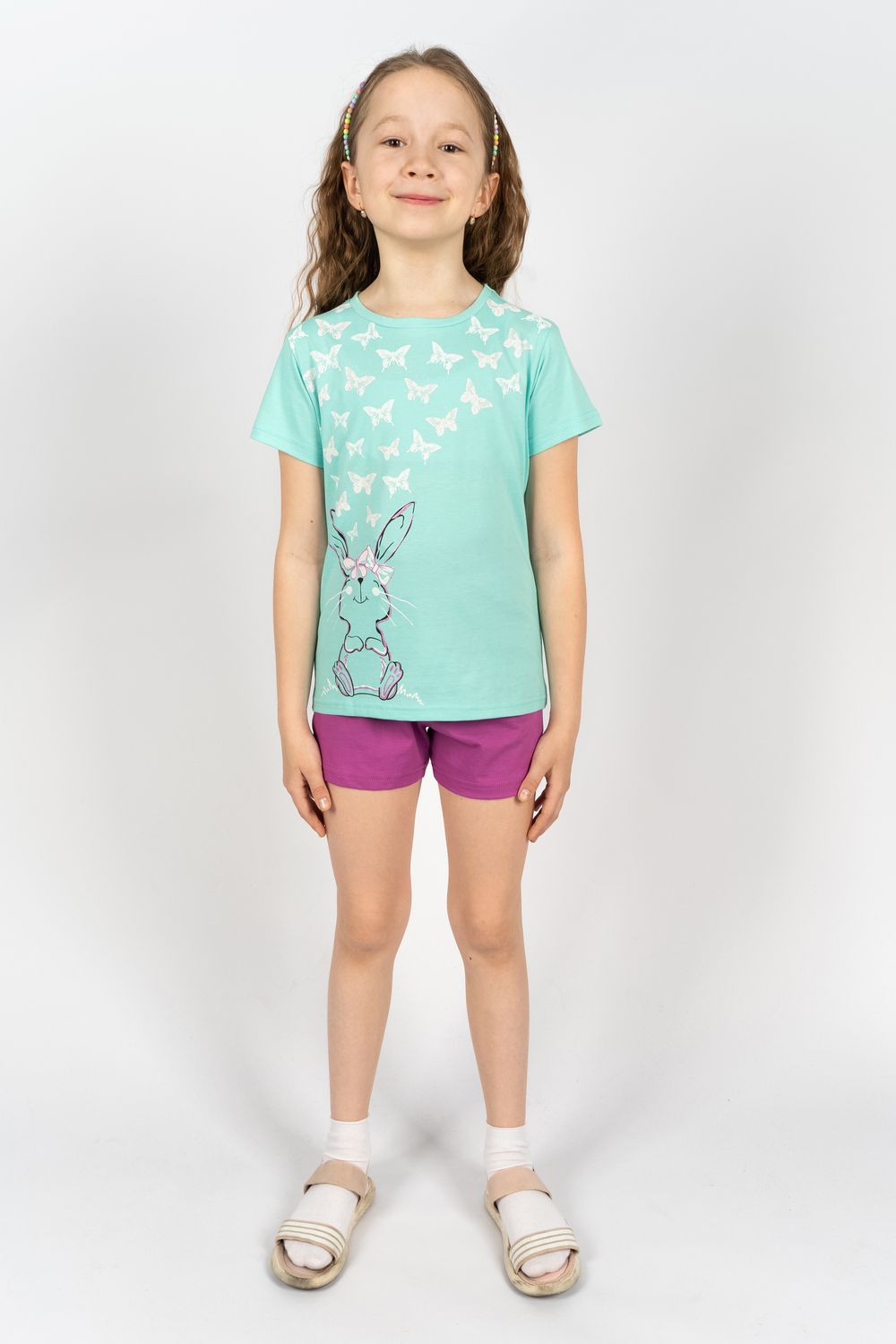 Комплект для девочки 41106 (футболка+ шорты) - мятный/лиловый