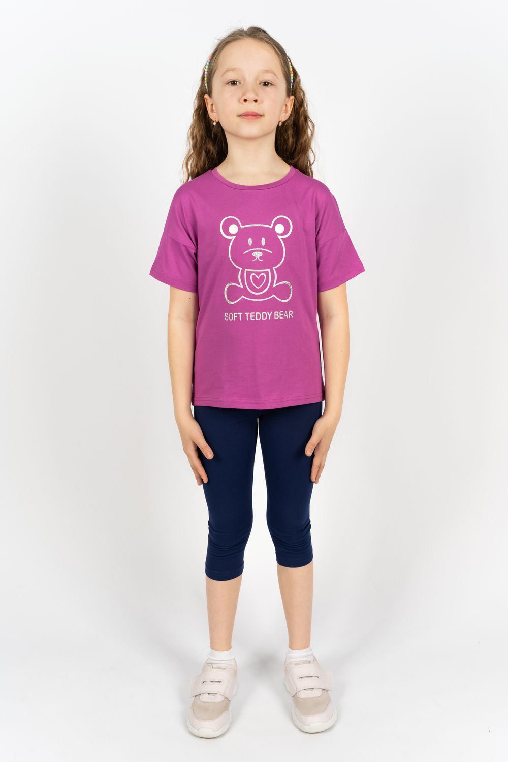 Комплект для девочки 41104 (футболка+бриджи) - ягодный/синий