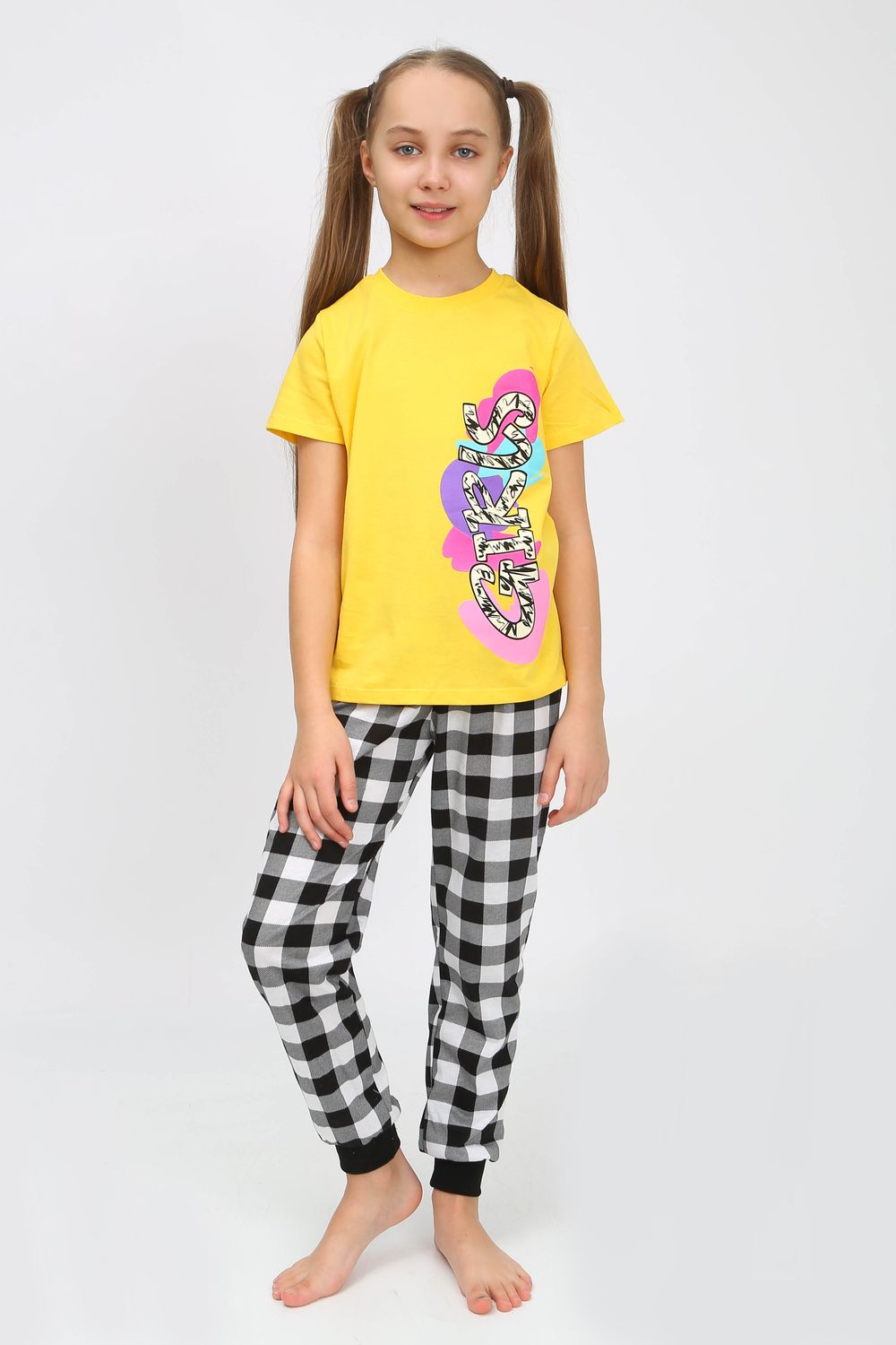 91240 Пижама  для девочки (футболка, брюки) - желтый/черная клетка
