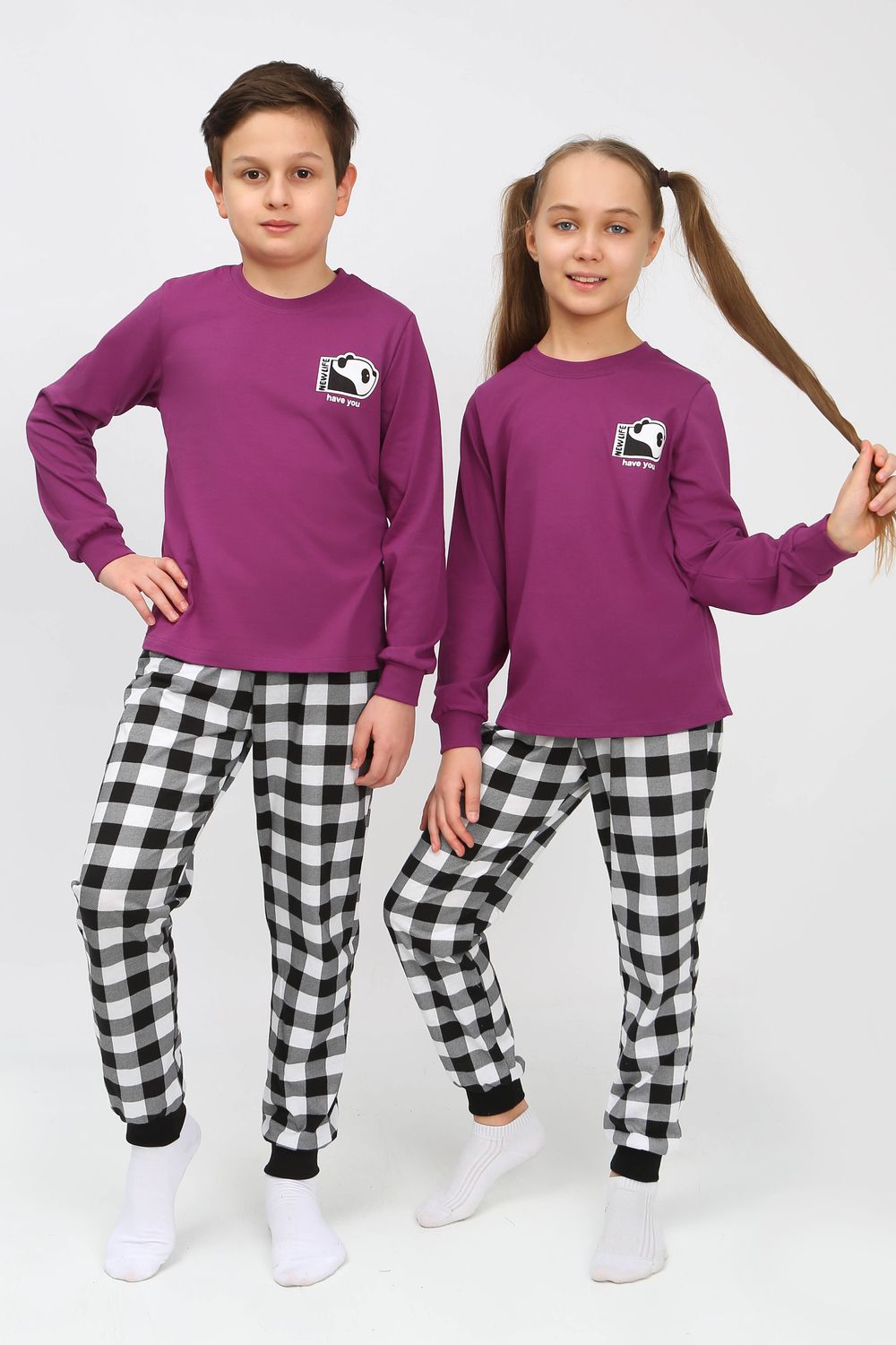 Пижама 91239 детская (джемпер, брюки) - пурпурный/черная клетка