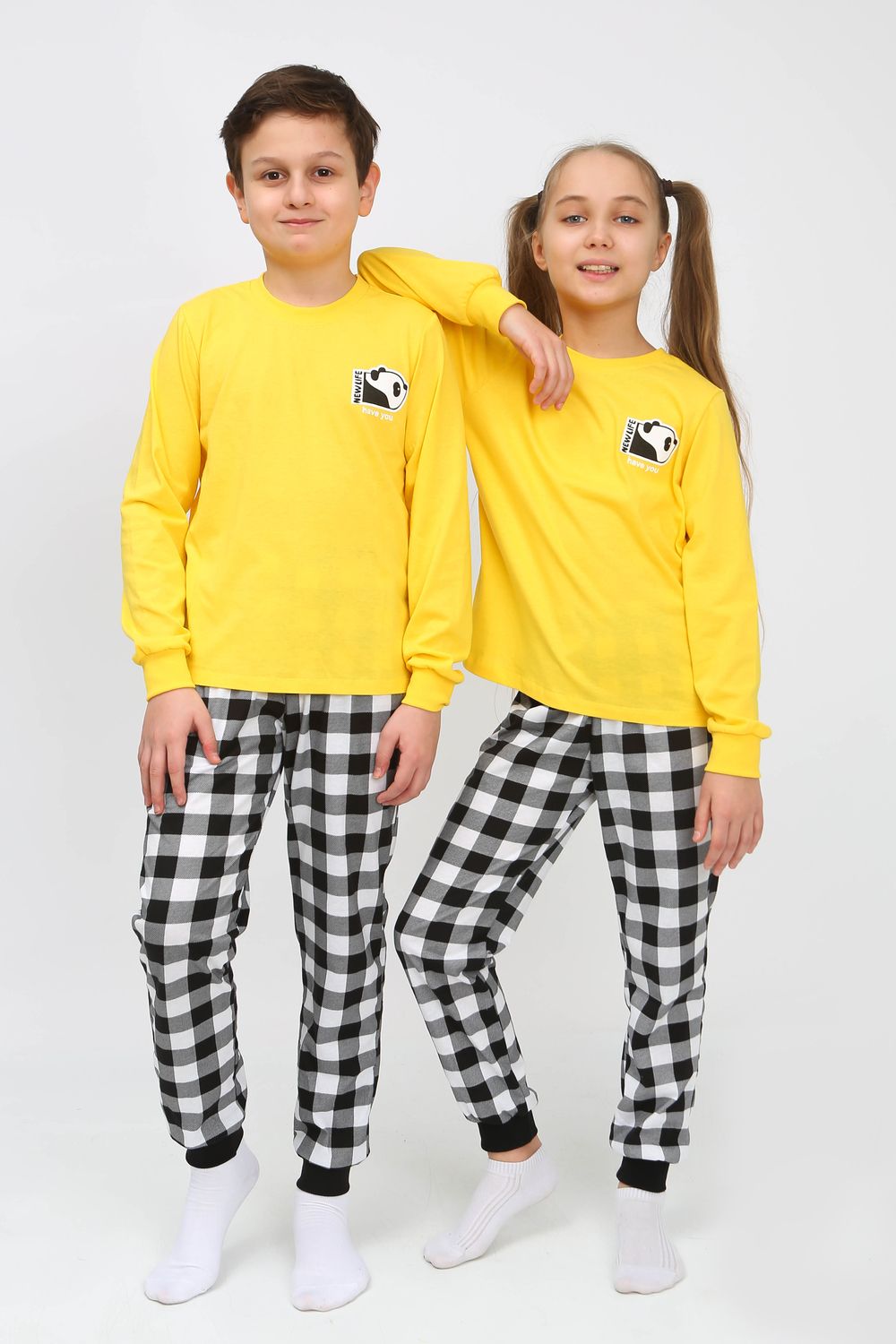Пижама 91239 детская (джемпер, брюки) - желтый/черная клетка