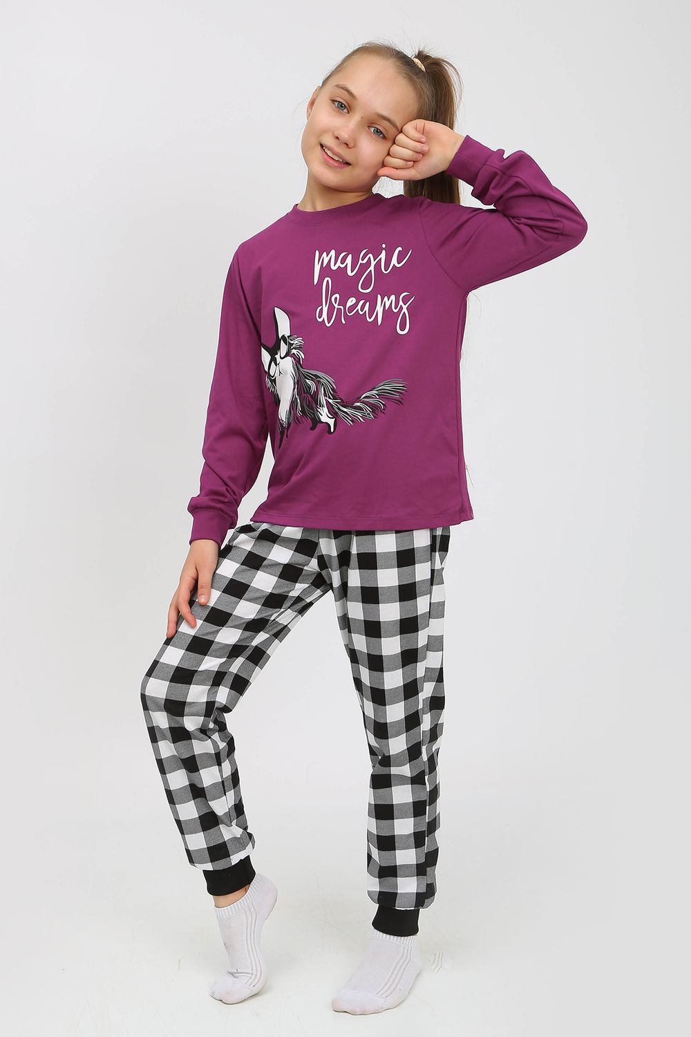 Пижама 91238 для девочки (джемпер, брюки) - пурпурный/черная клетка