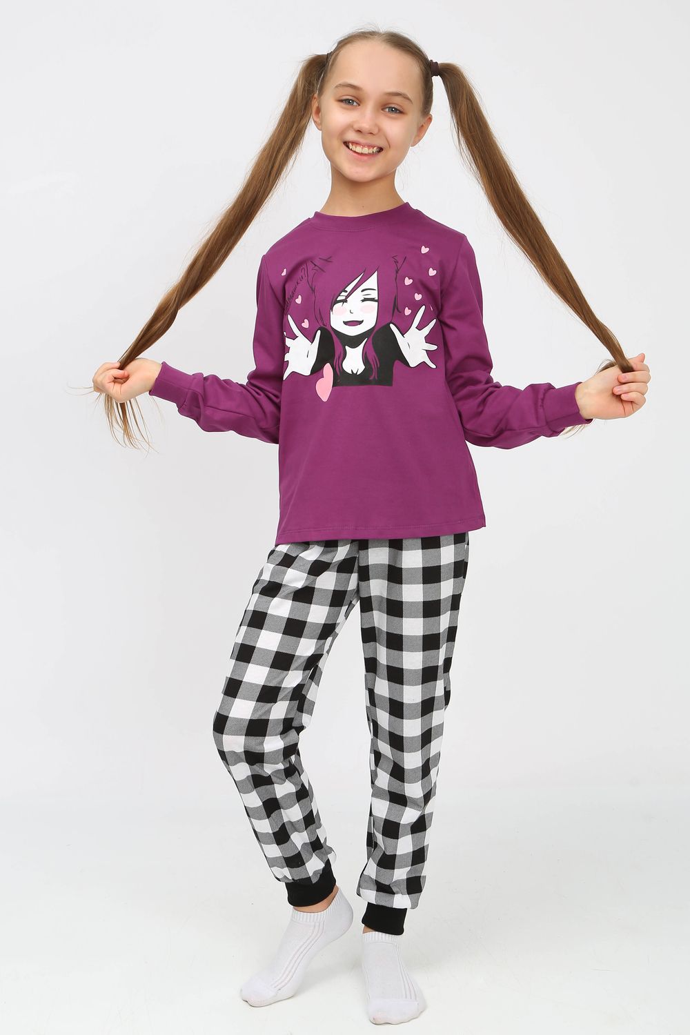 Пижама 91237 для девочки (джемпер, брюки) - пурпурный/черная клетка