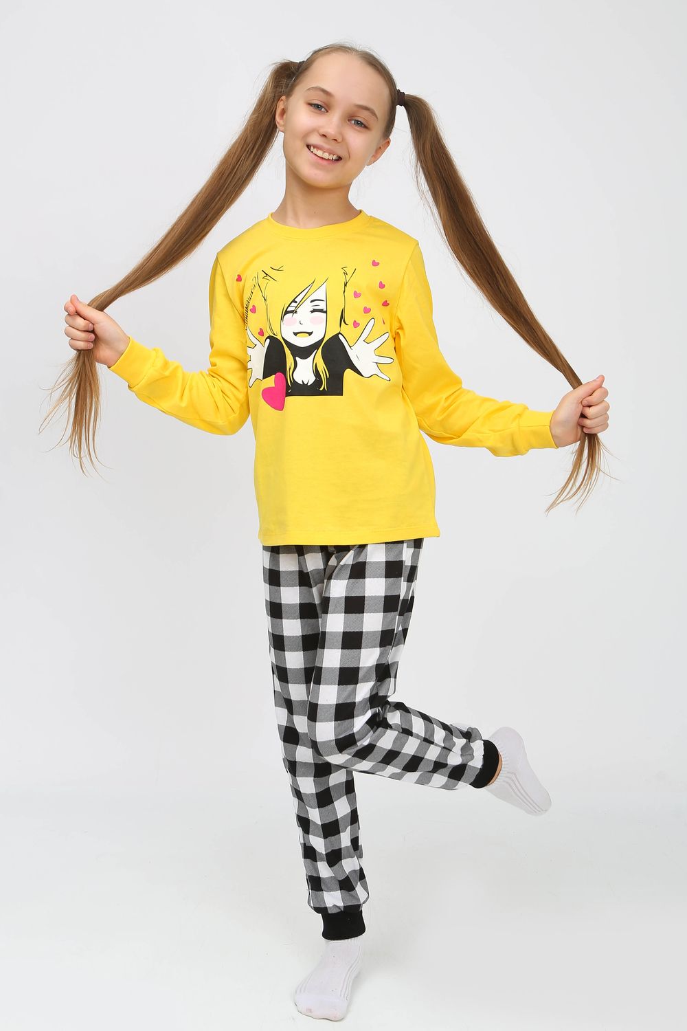 Пижама 91237 для девочки (джемпер, брюки) - желтый/черная клетка