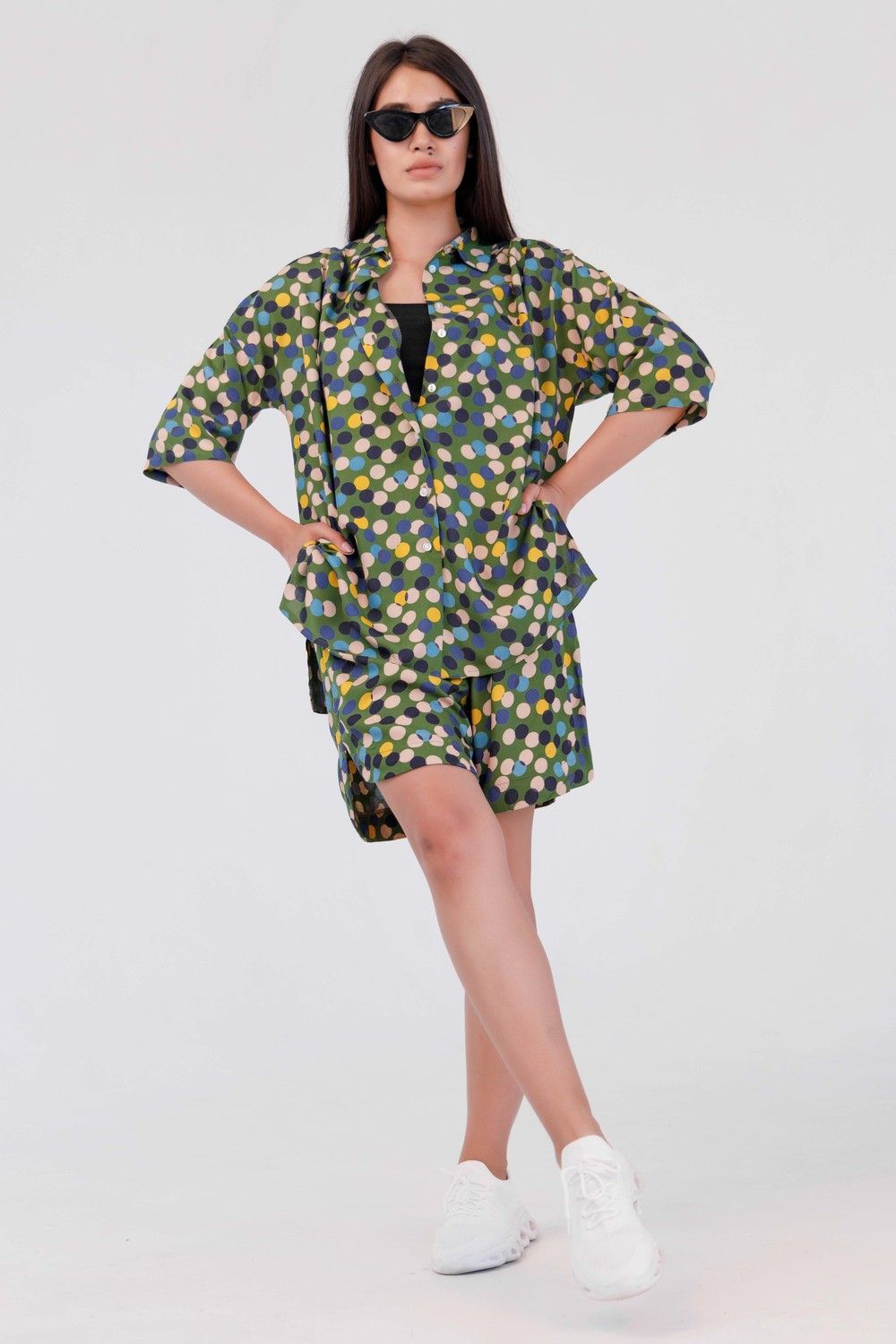 Костюм штапель рубашка + шорты 1252 - зеленый