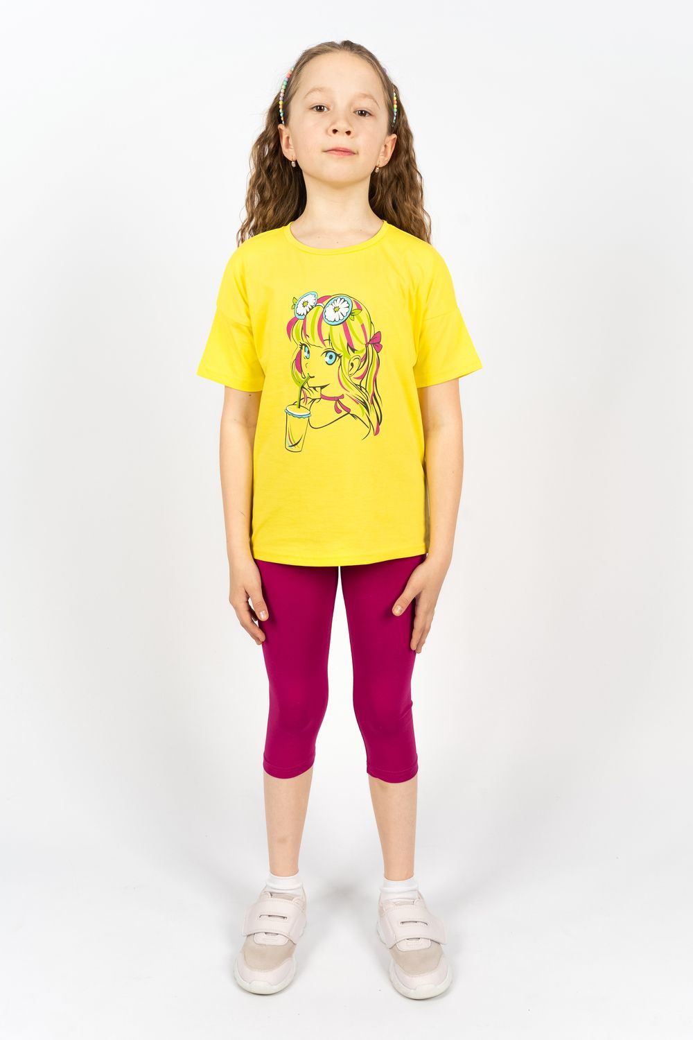 Комплект для девочки 41105 (футболка+ бриджи) - желтый/ягодный