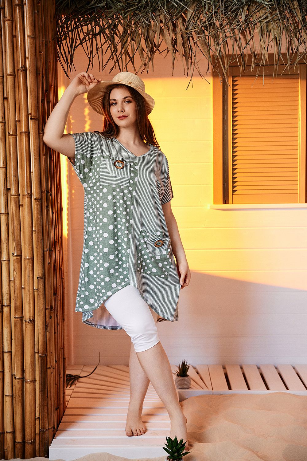 Туника 9199 - полоса горох хаки