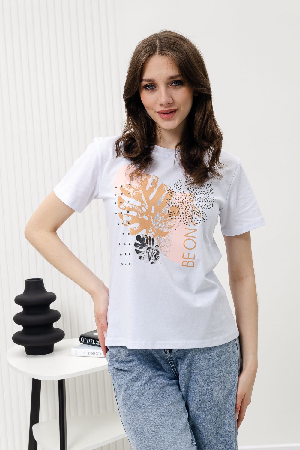 Футболка 67079 - белый+монстеры