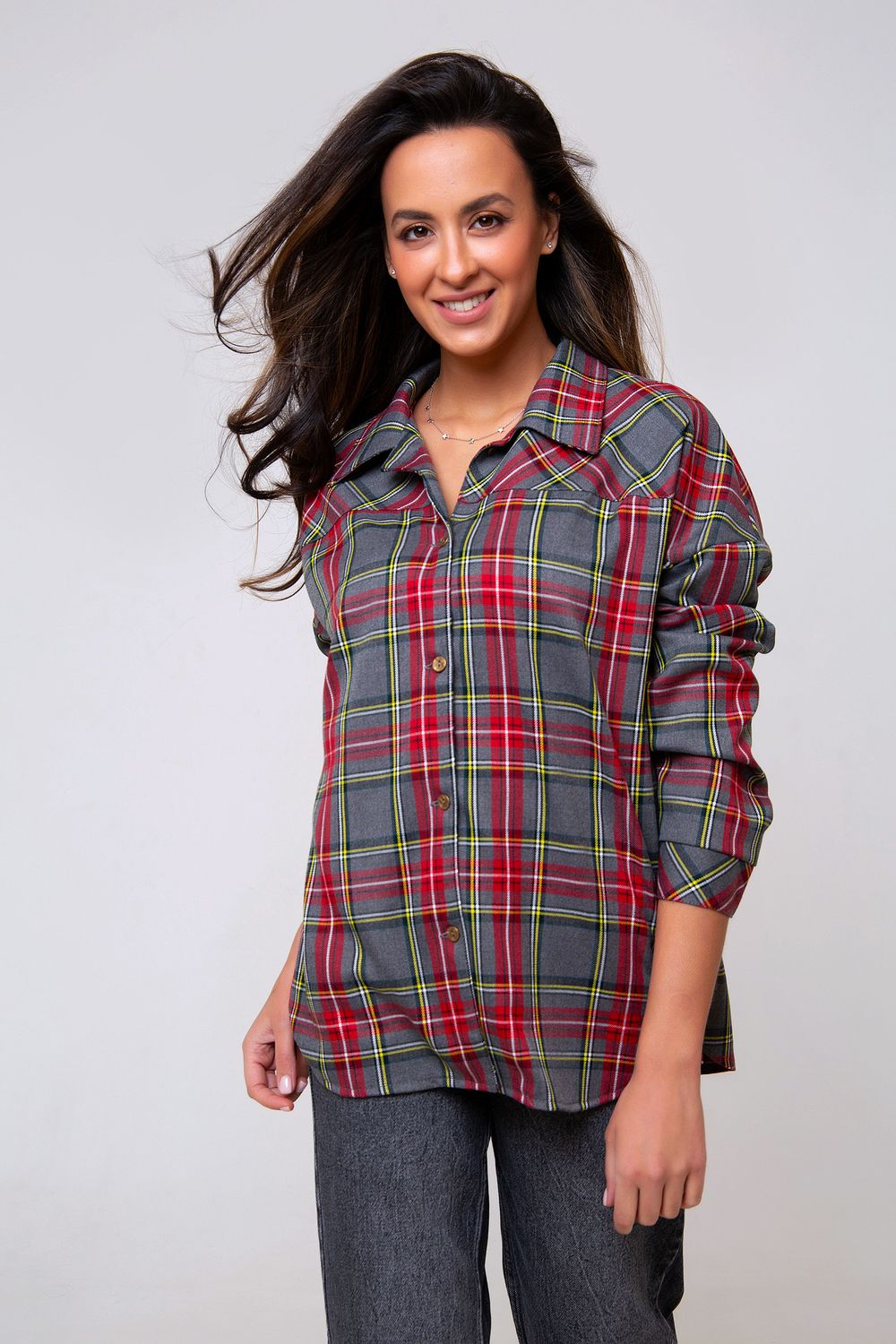 Рубашка женская 274GRY - серый/клетка