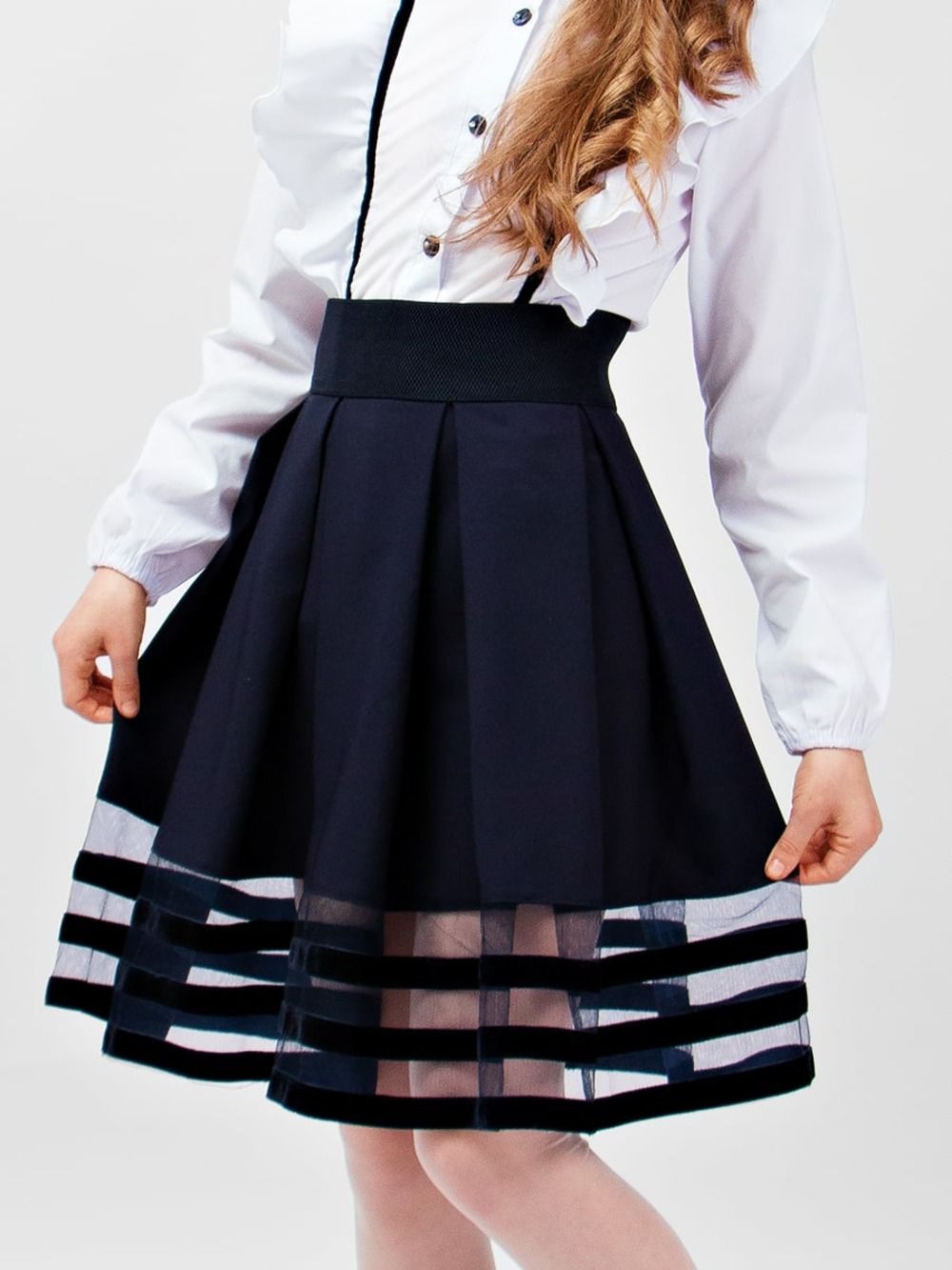 Юбка для девочки с бархатной отделкой SP0109 - темно-синий