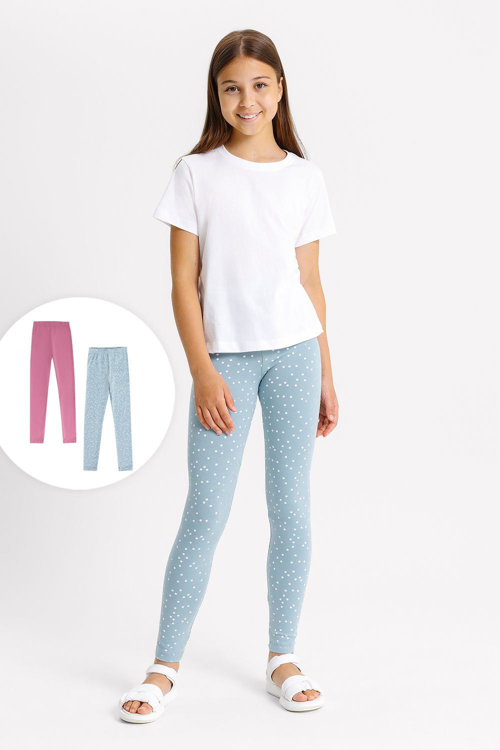 Леггинсы для девочек (пара) 147719-2 - горошек на шалфее+пыльная роза