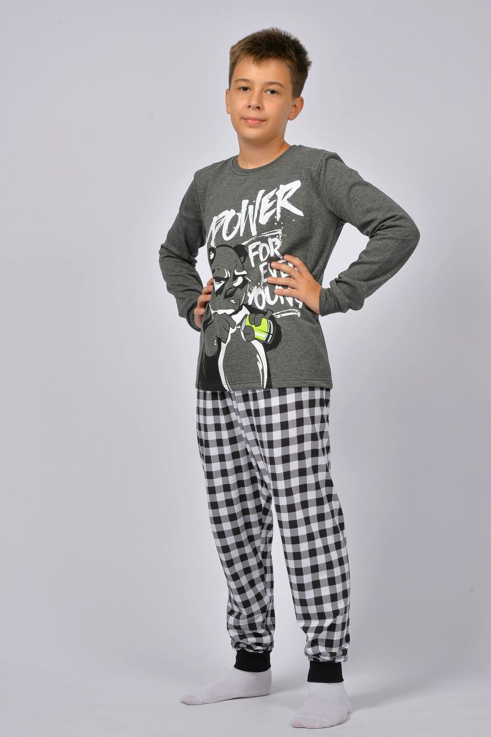 Пижама для мальчика 92213 - темно-серый меланж/черная клетка