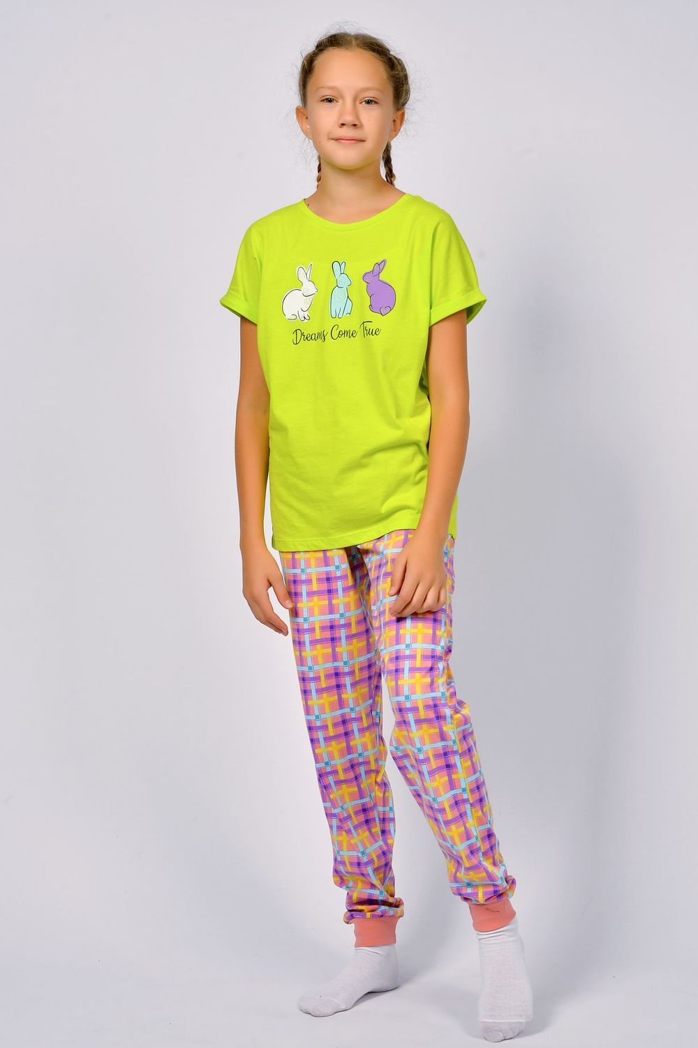 Пижама для девочки 91226 - салатовый/розовая клетка