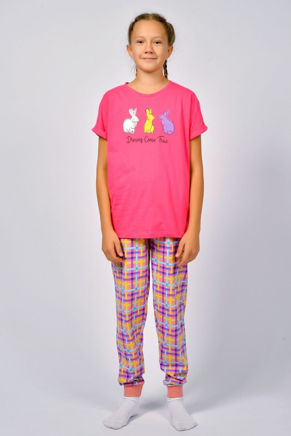 Пижама для девочки 91226 - ярко-розовый/розовая клетка