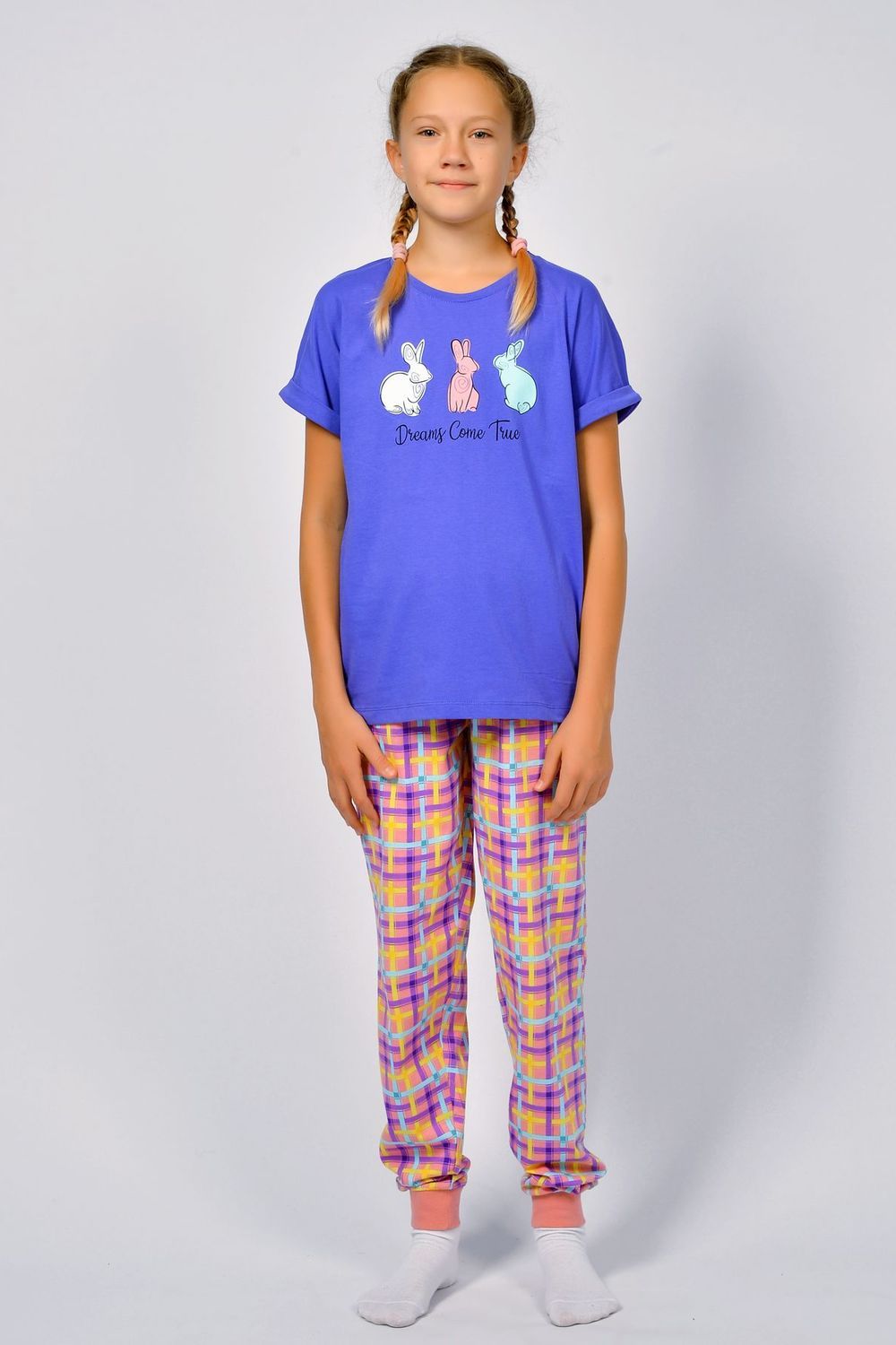 Пижама для девочки 91226 - васильковый/розовая клетка