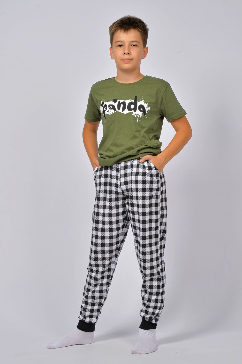 Пижама для мальчика 92212 - хаки/черная клетка