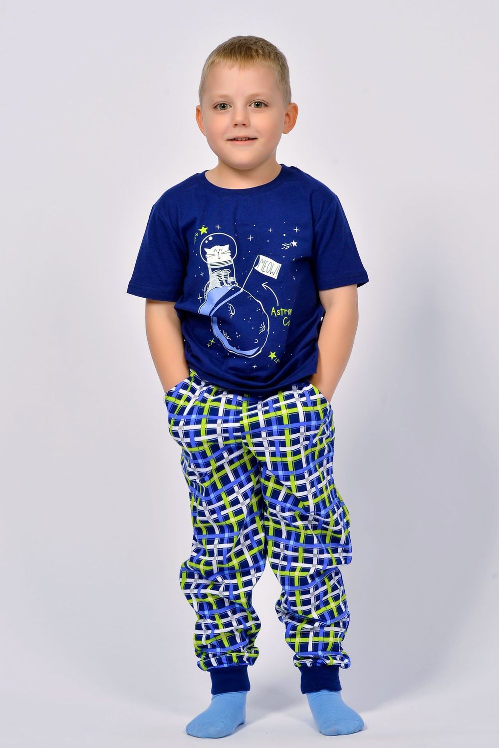 Пижама для мальчика 92210 - темно-синий/синяя клетка