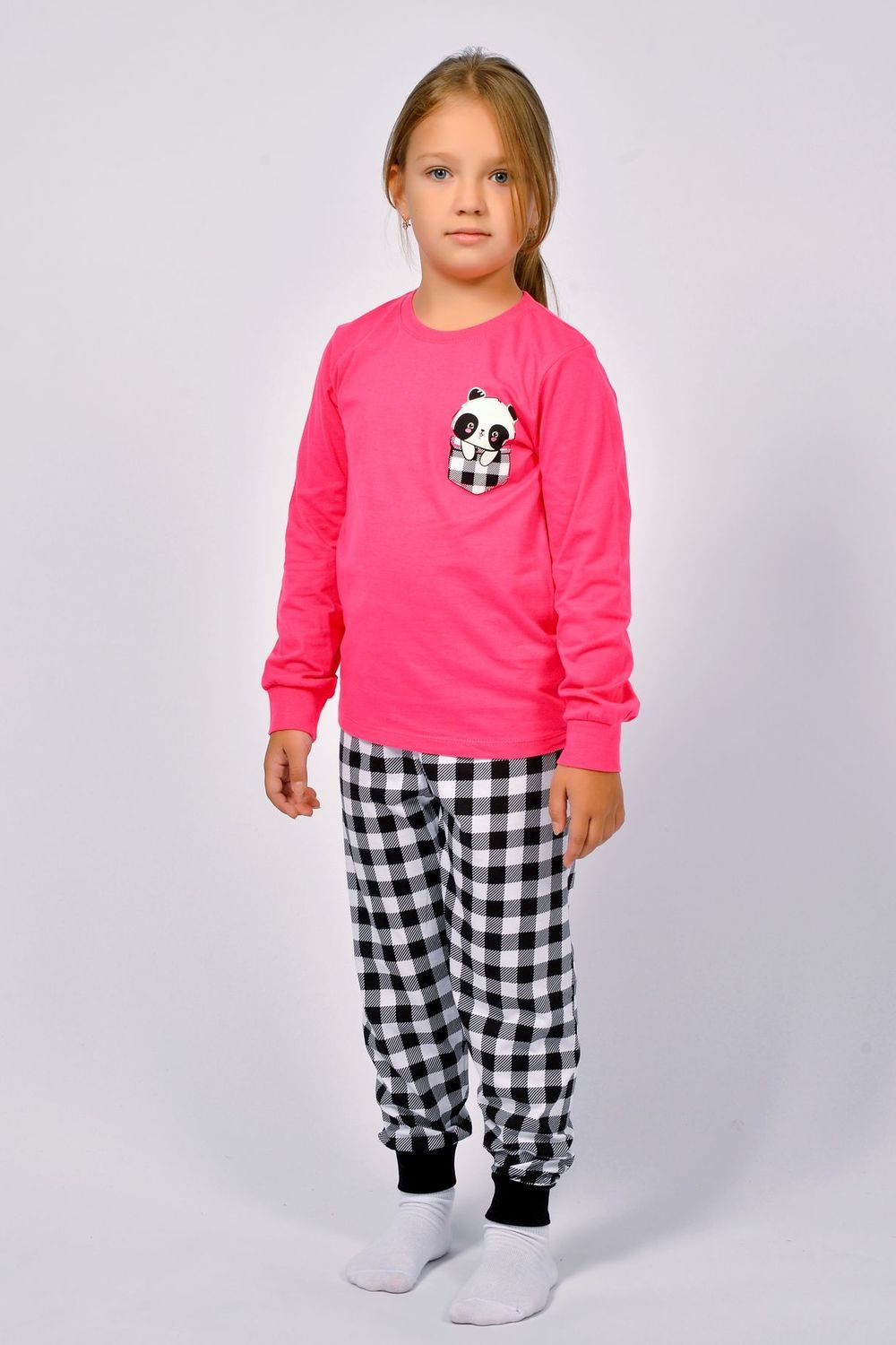 Пижама для девочки 91220 - ярко-розовый/черная клетка