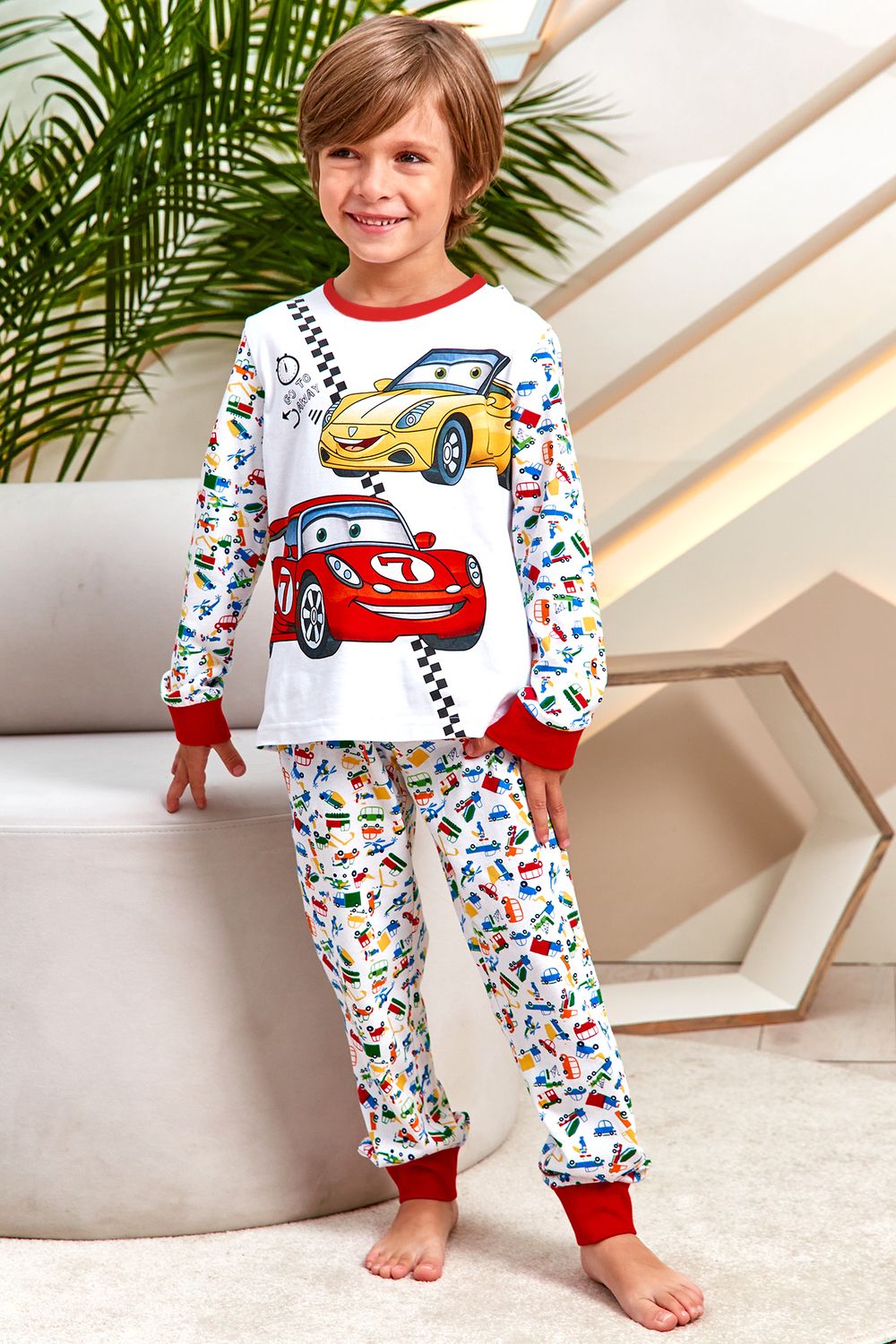 Пижама д/мал детская Juno AW21BJ634 O Sleepwear Boys - белый машинки