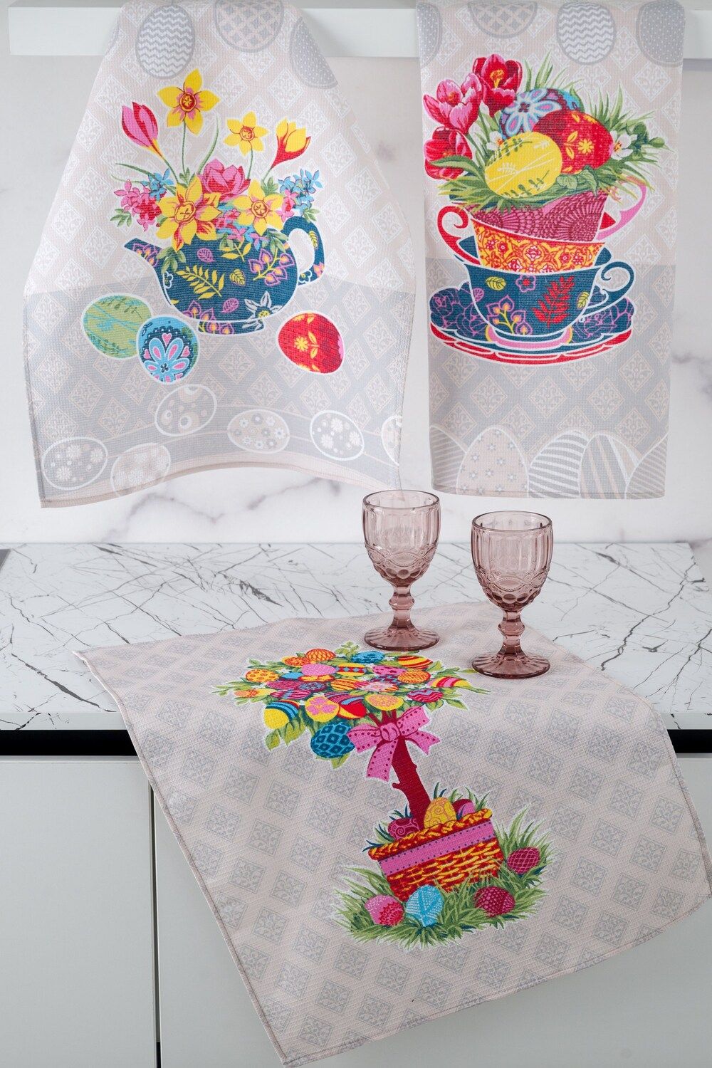 Набор кухонных полотенец Пасхальное дерево - серый+бежевый