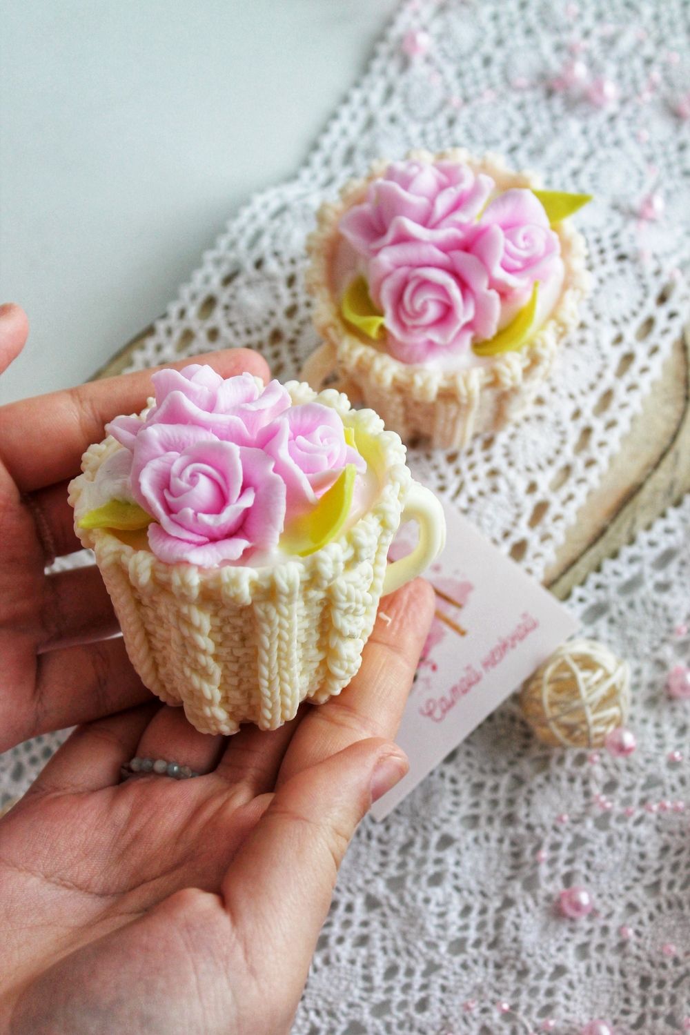 89607 мыло "Чашечка с цветами" - розовый,бел