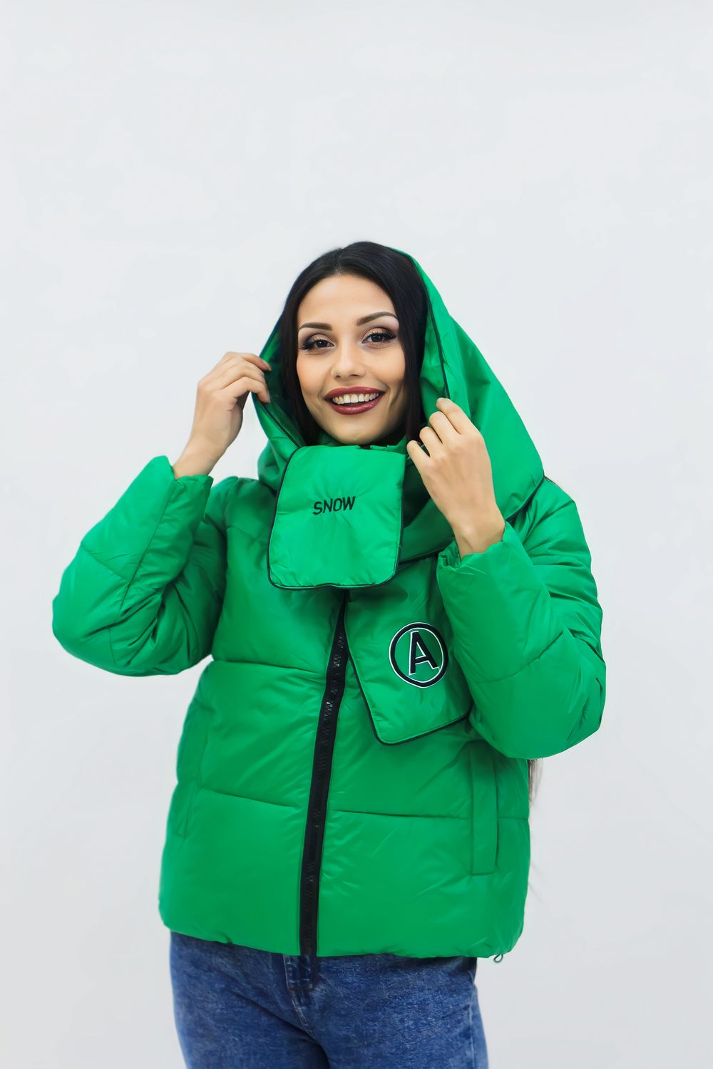 Демисезонная женская куртка весна осень +дутый шарф-косынка 8193 - зеленый