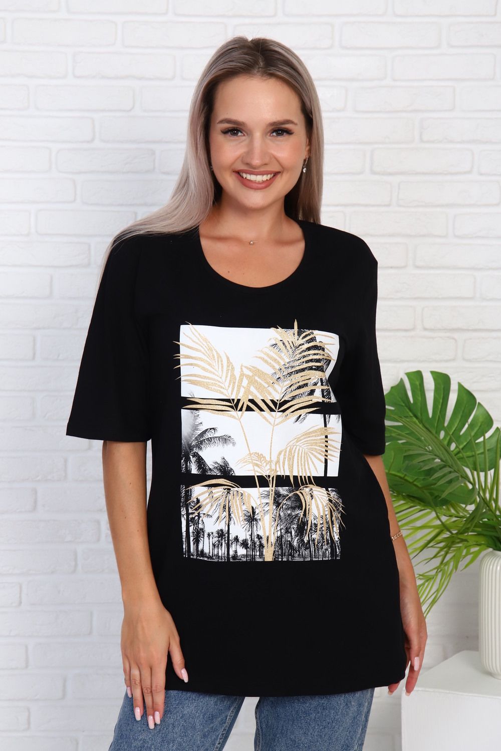 Футболка удлиненная с рисунком листья пальмы, Арт. 786 - черный