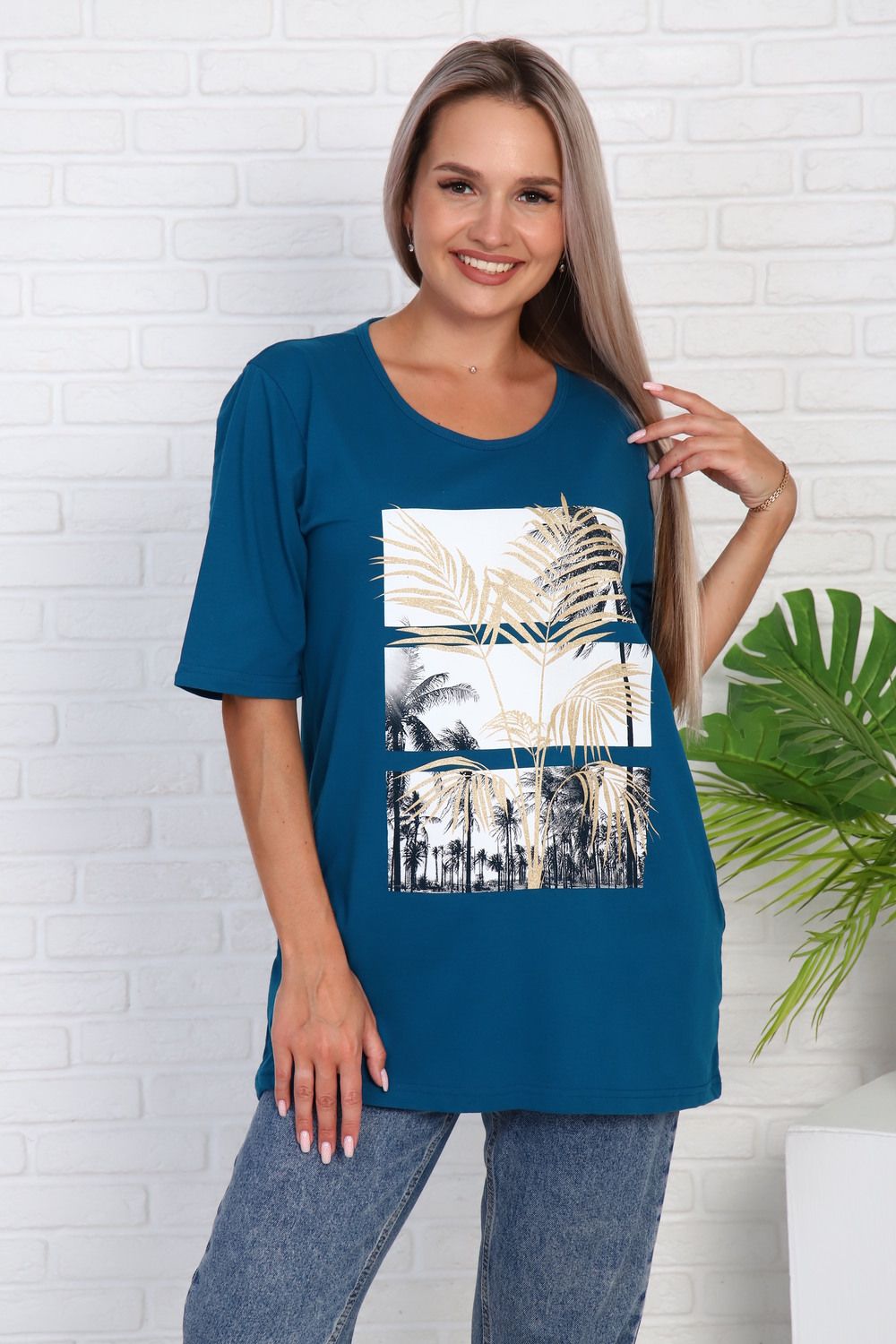 Футболка удлиненная с рисунком листья пальмы, Арт. 786 - морская волна