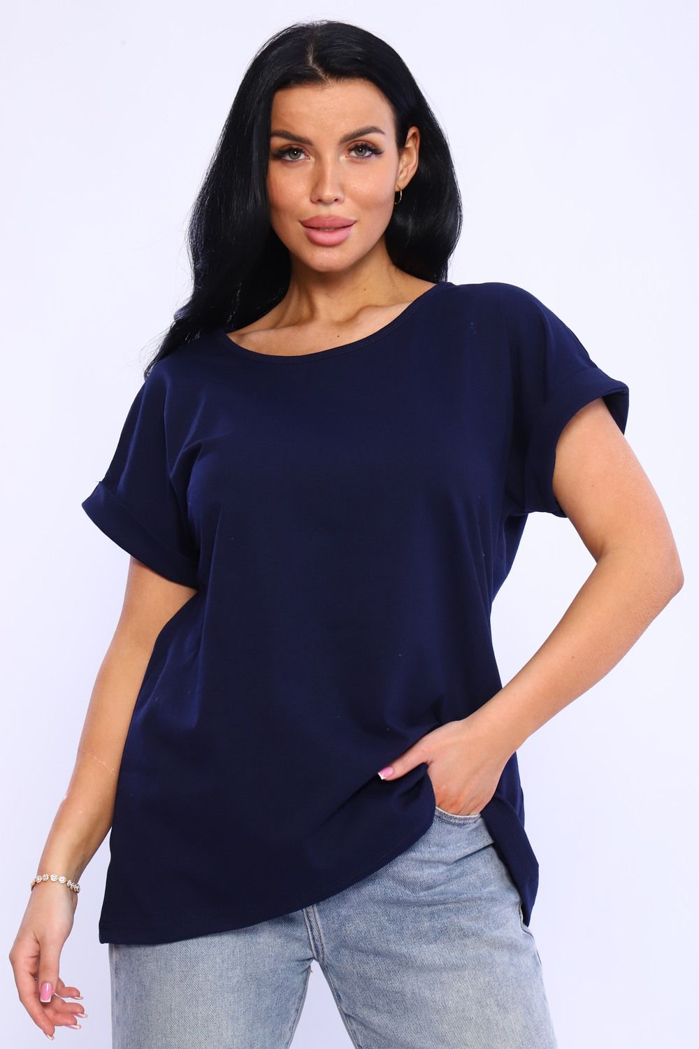 Футболка без рисунка с отворотами на рукавах, хлопок 100%, Арт. 561 - синий