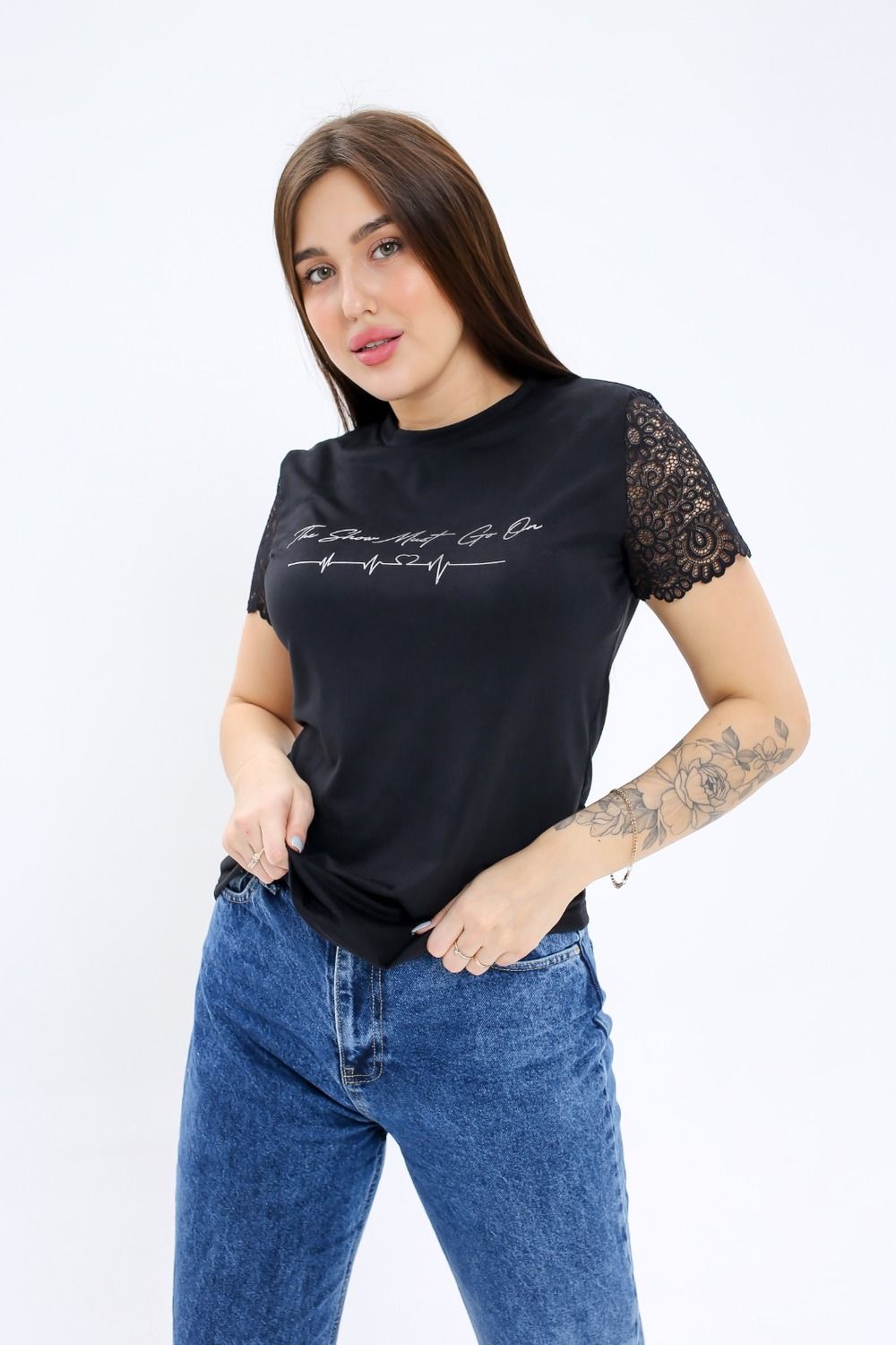 Футболка с кружевом 100005 - черный
