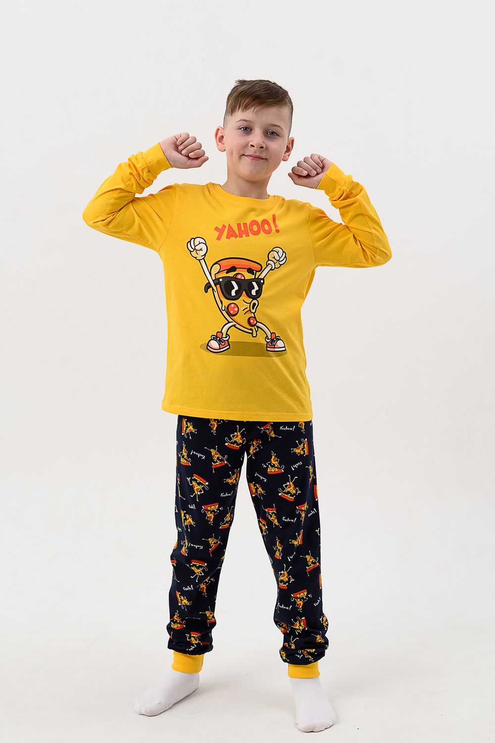 Пижама Пицца детская длинный рукав с брюками - желтый-т.синий