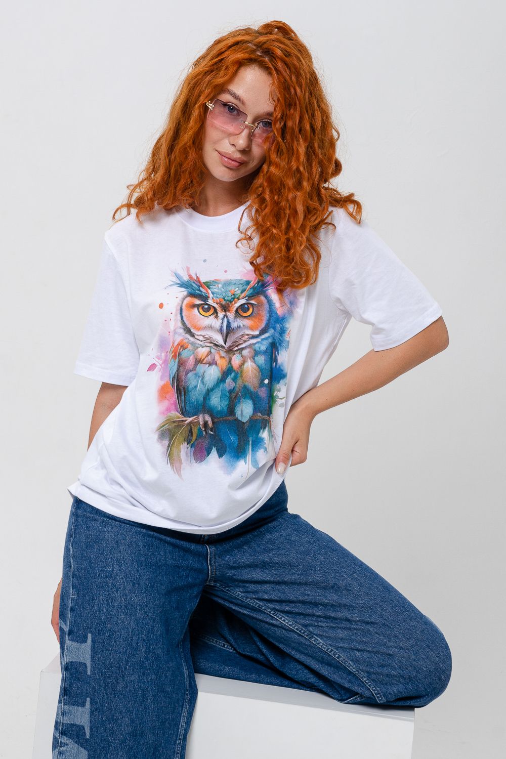 Футболка женская 8488 - белый+сова